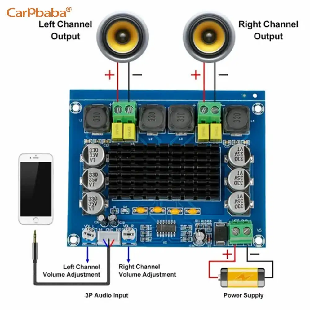 Carpbaba XH-M543 Dual Channel D-Class Digital Power Amplifier Board Audio Amplifier Module High Power 2*120W TPA3116D2 DC 12V 24