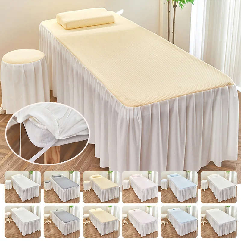 Ruffled Knit Waffle Beauty Bedspread Bed Sheet Waffle Bed Skirt Face Hole Table Cover For Massage Spa Beauty Salon Barbershop