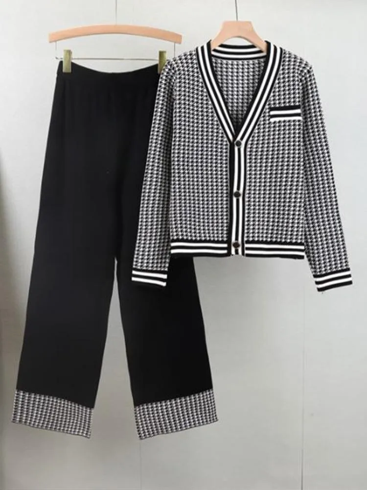 

Casual Single Breasted Checkered Knitted Cardigan+High Waisted Pants Two-Piece Set 2024 New Fashionable Women'S Clothing