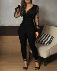 Women Fashion Elegant Shiny Sheer Mesh Glitter Pocket Design Jumpsuit 2023 New