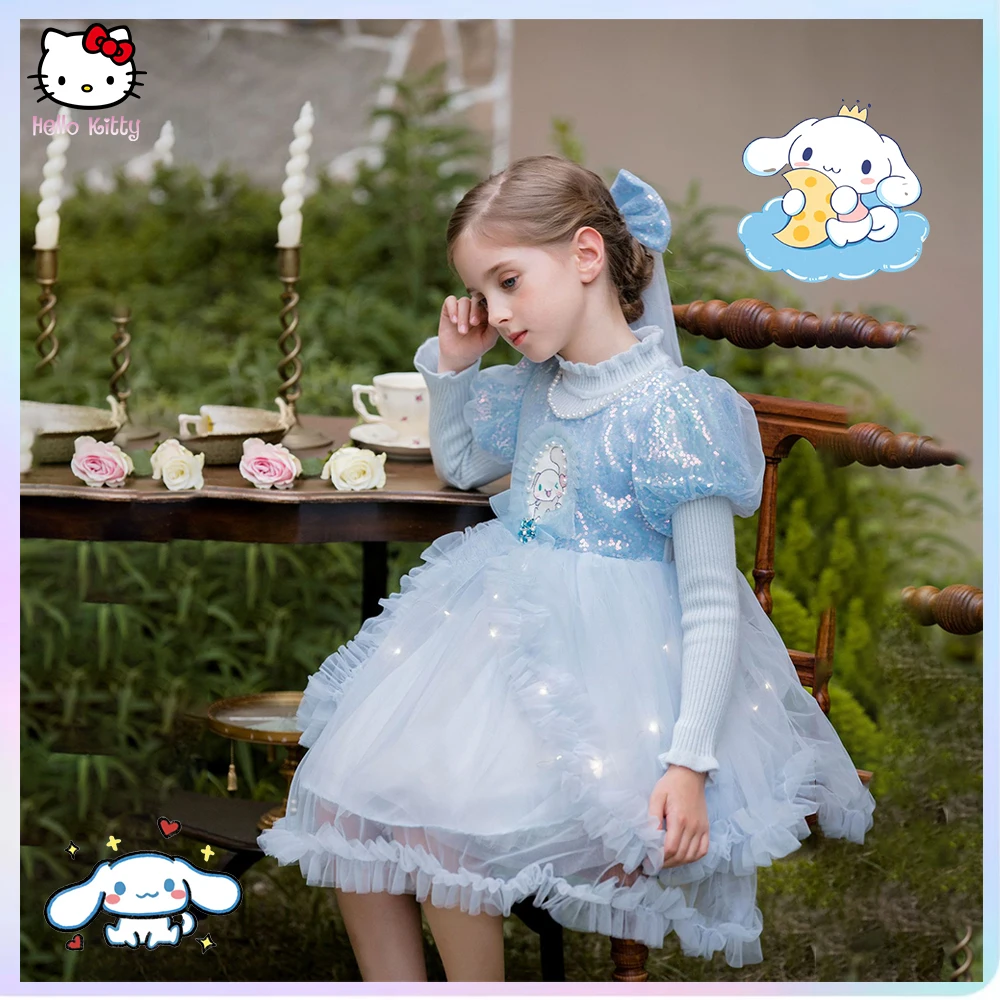 Sanrios Anime Cinnamoroll Kuromi Melody Kid Girl Dress Plush Lolita Sweater Skirt Autumn Winter Luminescence Lace Princess Dress