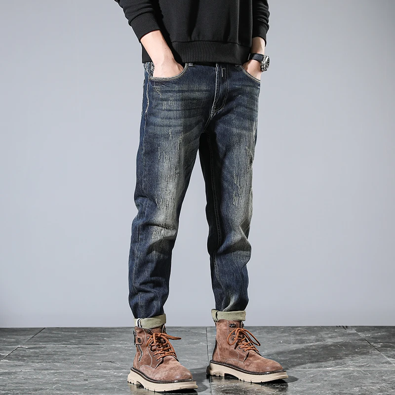 American retro heavy wash new Slim small leg jeans men high end versatile elastic burst scraping old pants men's models