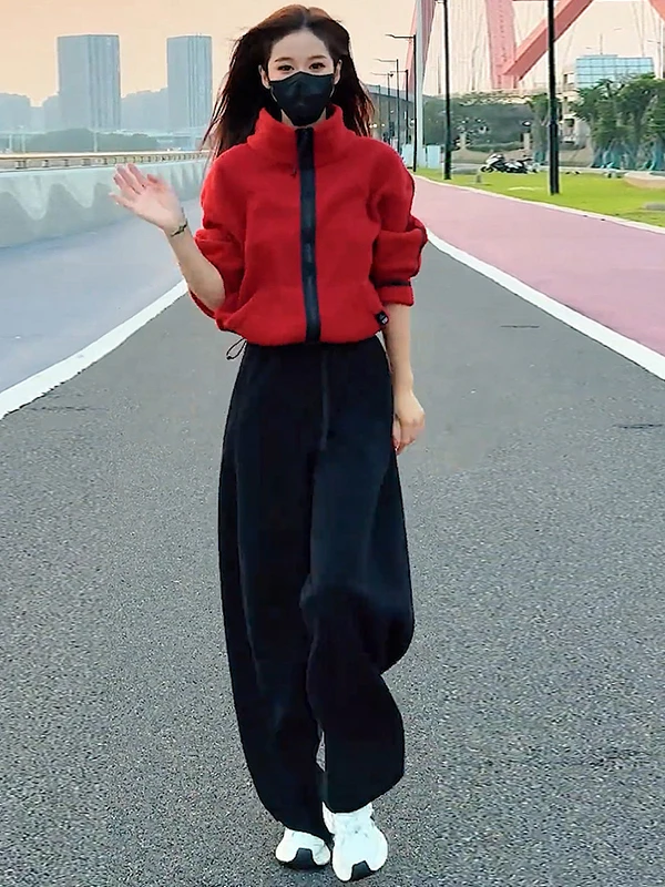 

Outdoor Running Casual Sportswear Set Women Thickened Red Jacket Top Wide Leg Pants Two Piece Set Winter High Waist Warm