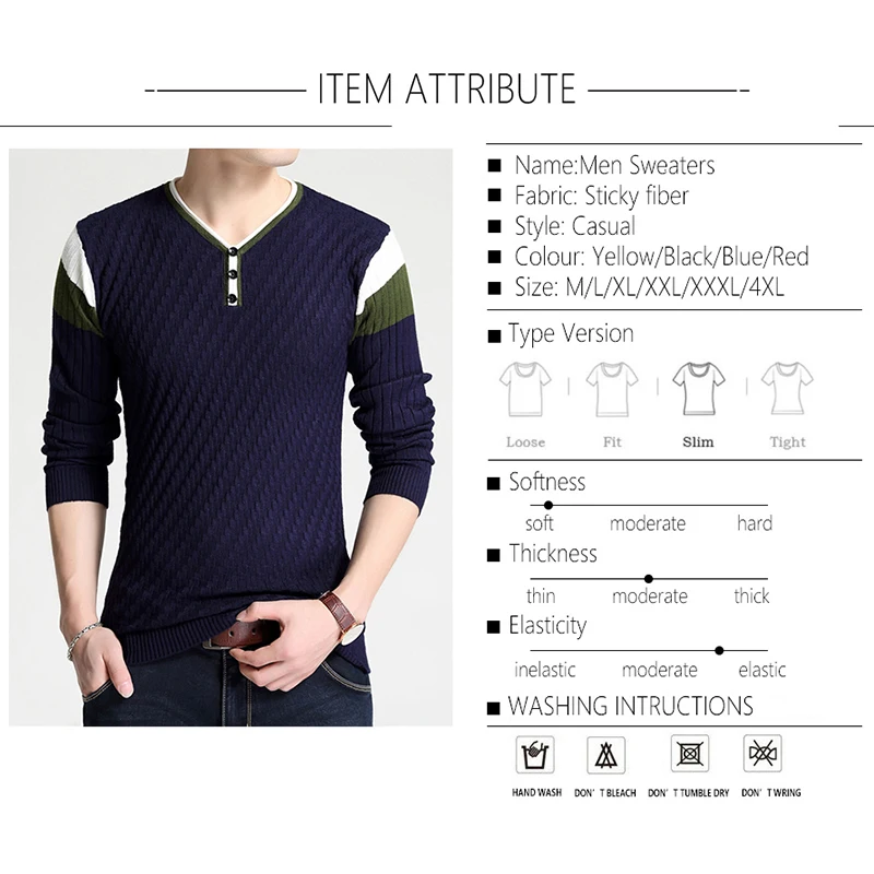 BROWON Brand-sweater Autumn Men\'s Button V-collar Slim Sweaters Men Elastic Knitted Sweaters Knitted Pullover Men Knitted