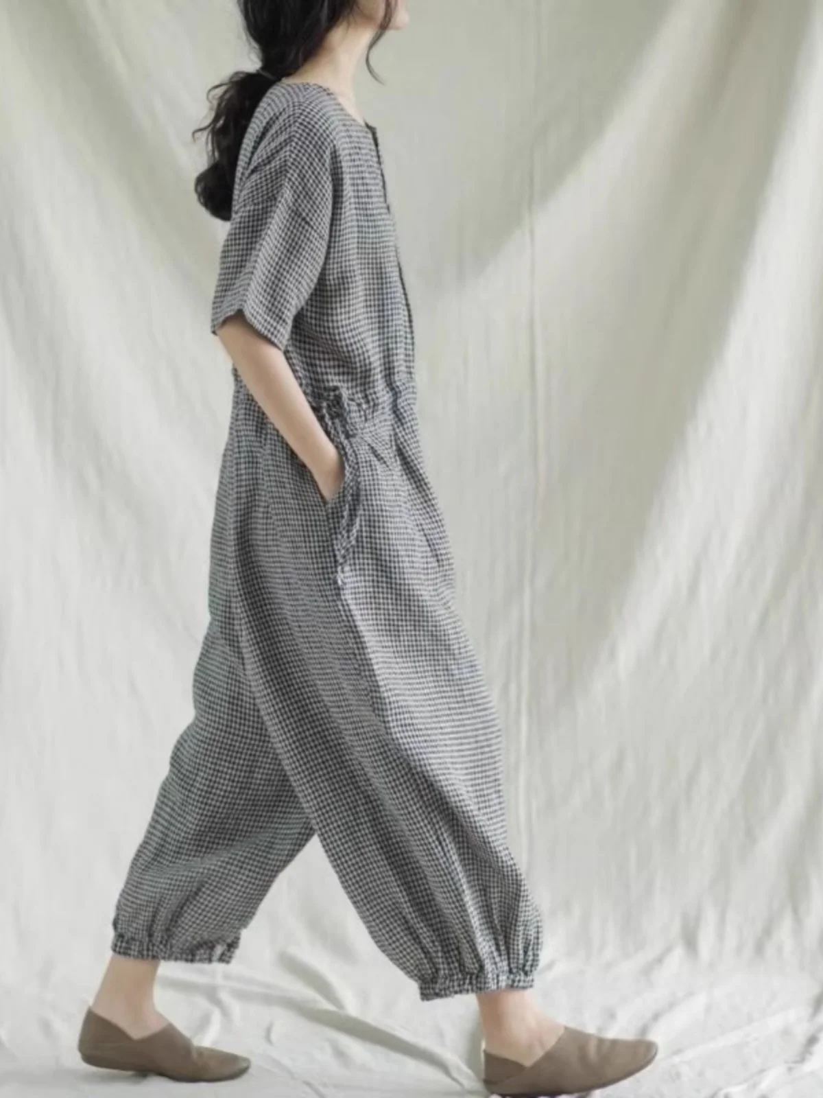 

High Waist Japanese Sle Plaid Pants Women's Casual Loose Wide Leg Cotton Linen Nine Point Pants