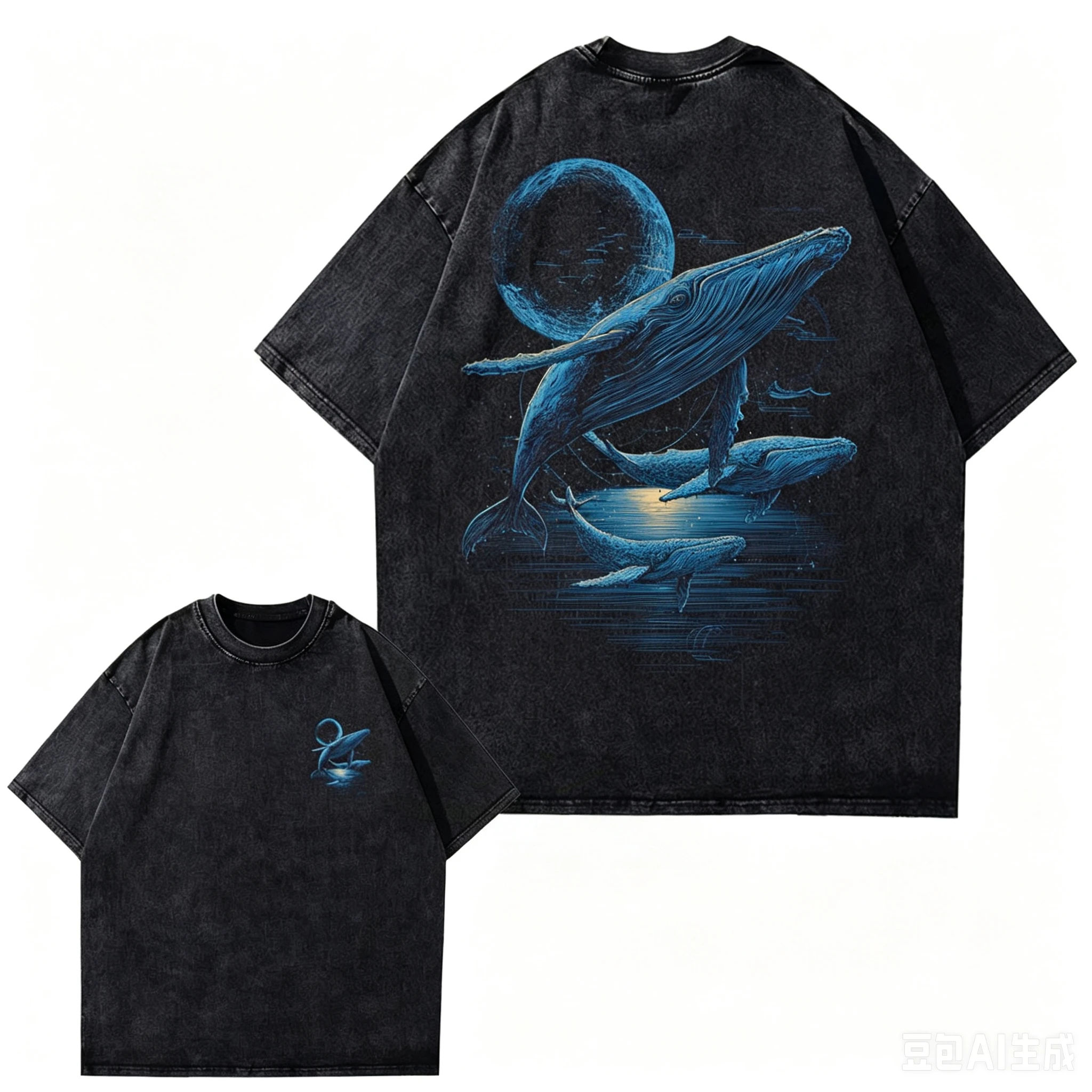 Vintage Washed Black T-Shirt Whale Moon Ocean Graphic Tees Unisex Casual Streetwear Summer Short Sleeve Cotton Top Loose Tshirt