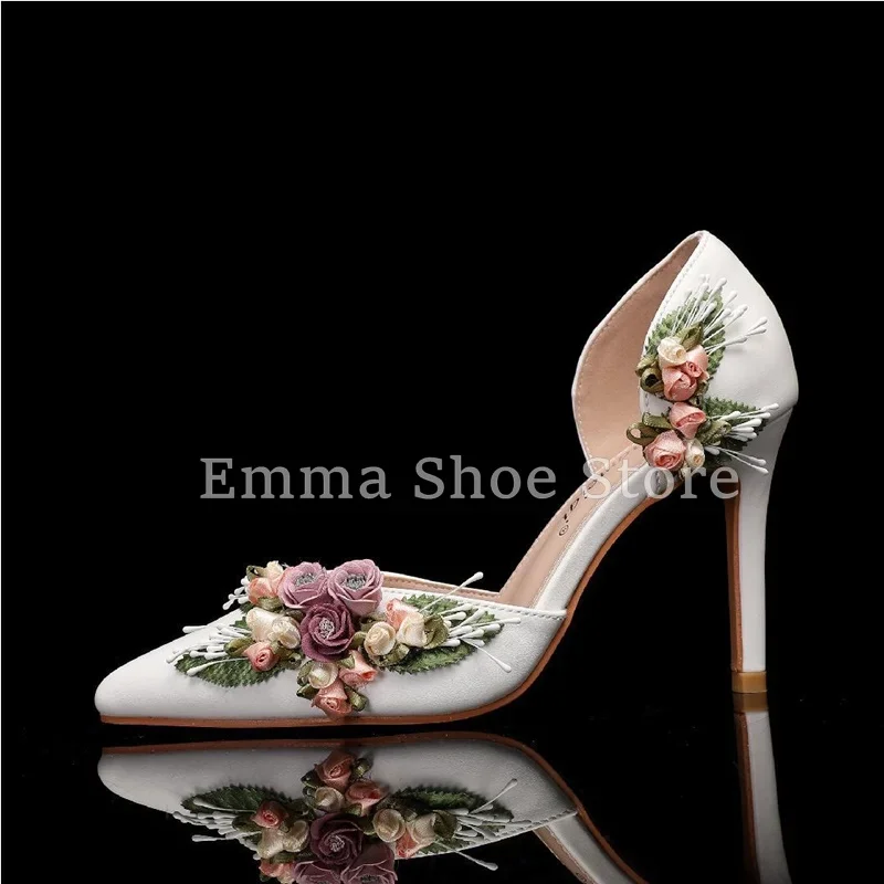 

Designer Applique Pointed Toe Pumps Elegant Women's Stiletto Buckle Sneaks Heels Korean Flower Dress Shoes Wedding Banquet