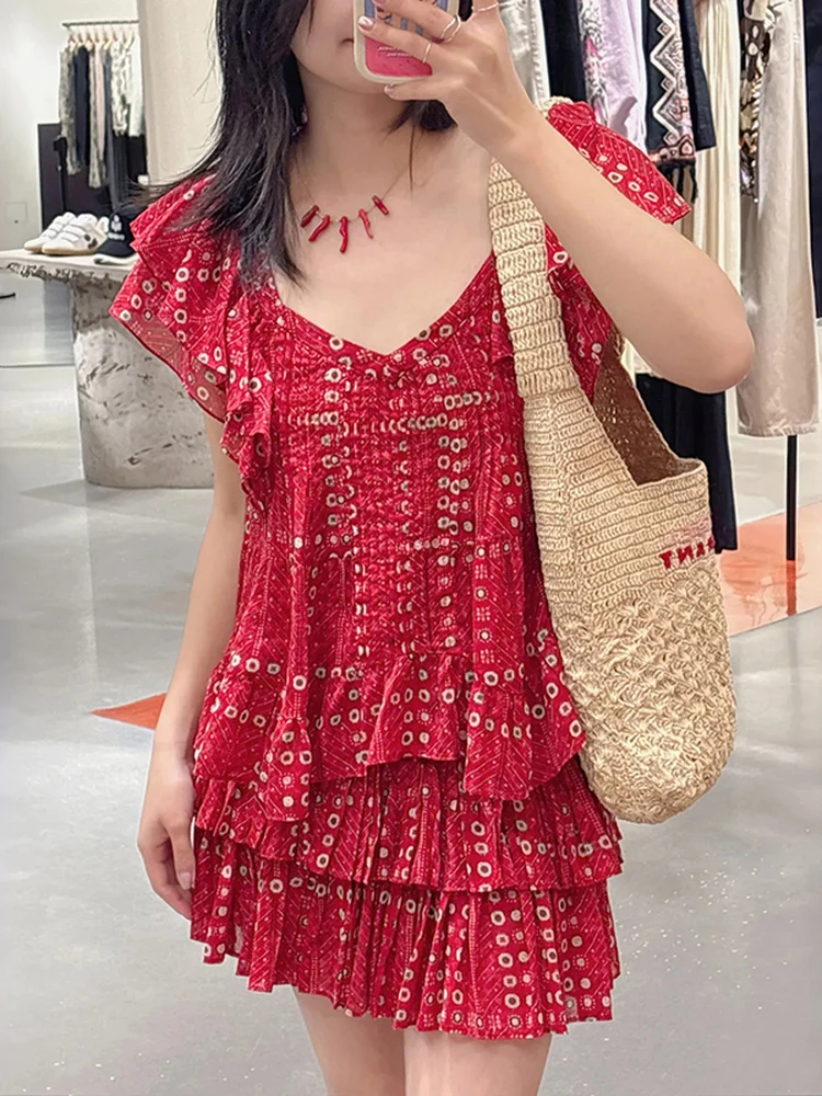 

Spring 2026 Red Floral Print Double Layered Doll Shirt And Skirt Women's Set Short Sleeve Baking Cake Style Sleeve Design