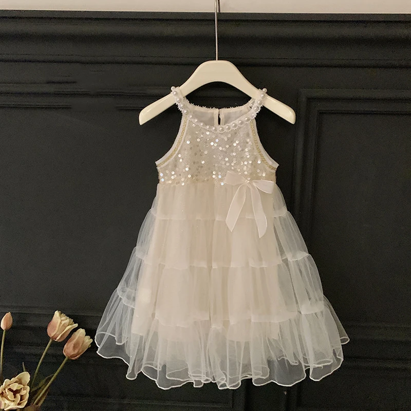 Kids Girls Cute Mesh Dress Halter Patch Pearls Sleeveless A-Line Fluffy Vestidso 2-8Y Children Summer Fashion Sequins Frock