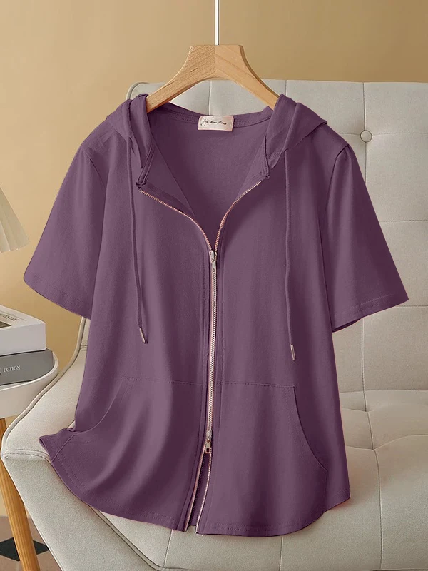 Fashionable Zipper Hooded Open Cardigan Short Sleeve T-Shirt Women's Pure Cotton Summer Loose Fit plus Size Versatile Top