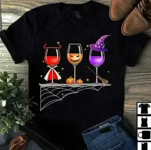 Wine Halloween Theme Wine Witches T-Shirt 100% Cotton O-Neck Summer Short Sleeve Casual Mens T-shirt Size S-3XL