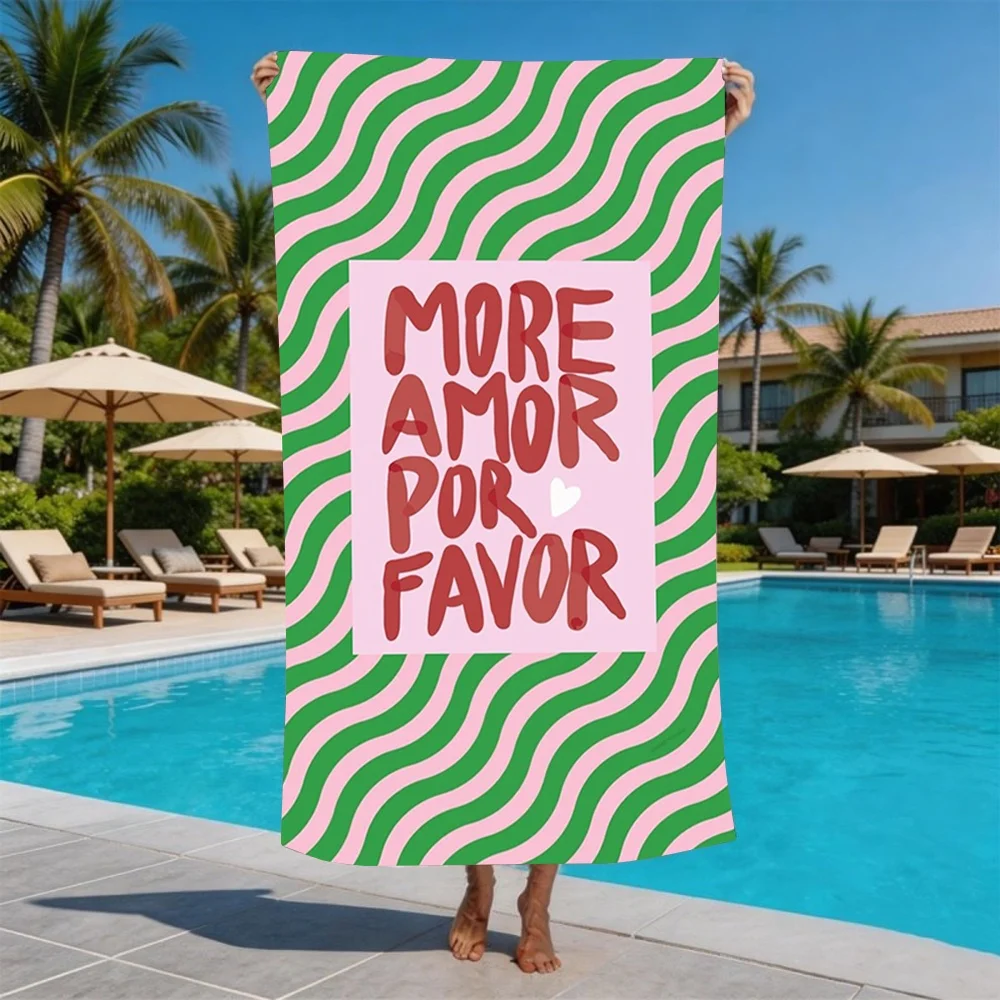 More Amor Por Favor Striped Beach Towel - Pink & White Vertical Stripe Microfiber Bath Sheet for Poolside Romance