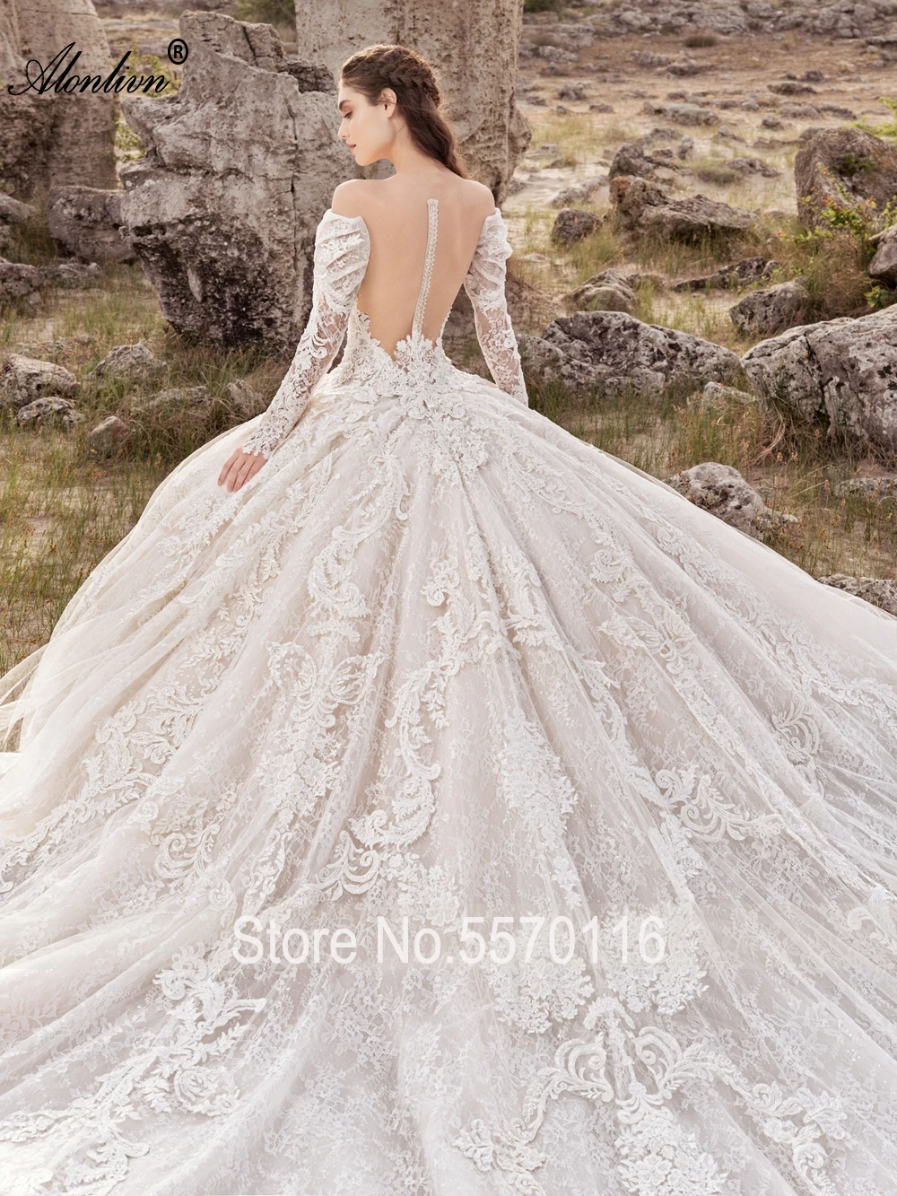 Alonlivn-Robe de Rhbouffante en dentelle exquise, robes de mariée, train royal, appliques de perles, manches longues, dos de mariée, quoi que ce soit