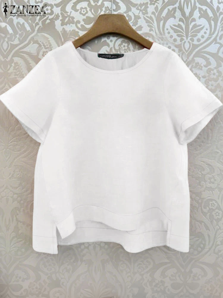 

ZANZEA Woman Casual Cotton Blouses 2025 Summer O-Neck Short Sleeve High-Low Blusas Mujer Vacation Day Wear Solid Color T-Shirts