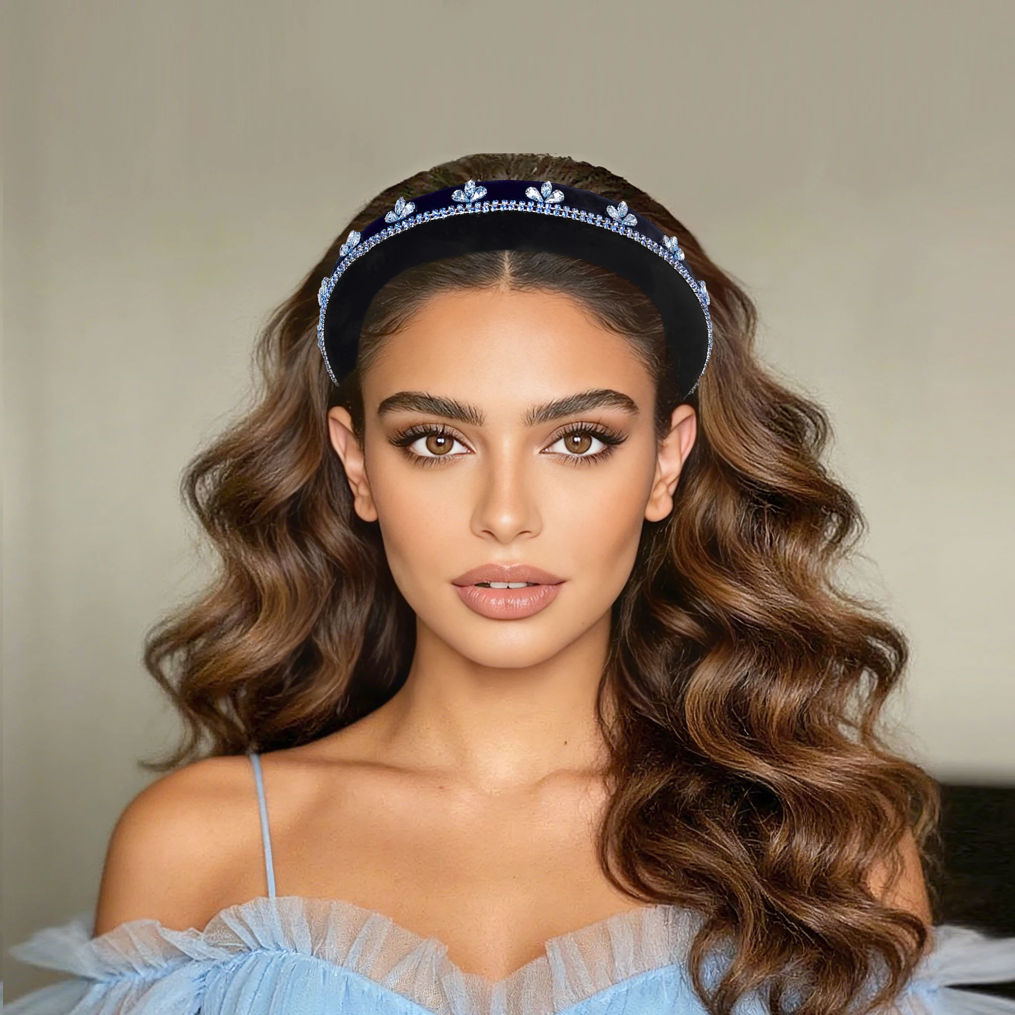 

New Stylish Headband,Light Blue Rhinestone Retro Wide-Brimmed Headband, Sponge Hair Accessory, Party Headpiece SA102