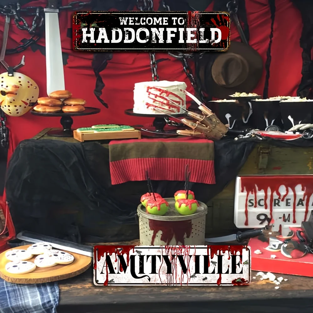 مرحبًا بكم في لافتة Hatdonfield Horror Street المعدنية المصنوعة من القصدير، وديكور رعب الهالوين القديم
