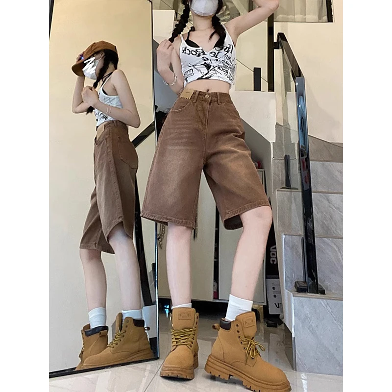 

Vintage Denim Y2k Shorts Lady Summer Casual Loose Distressed Wash Short Pant Hip Hop Korean Harajuku Wide Leg Five-Point Pants