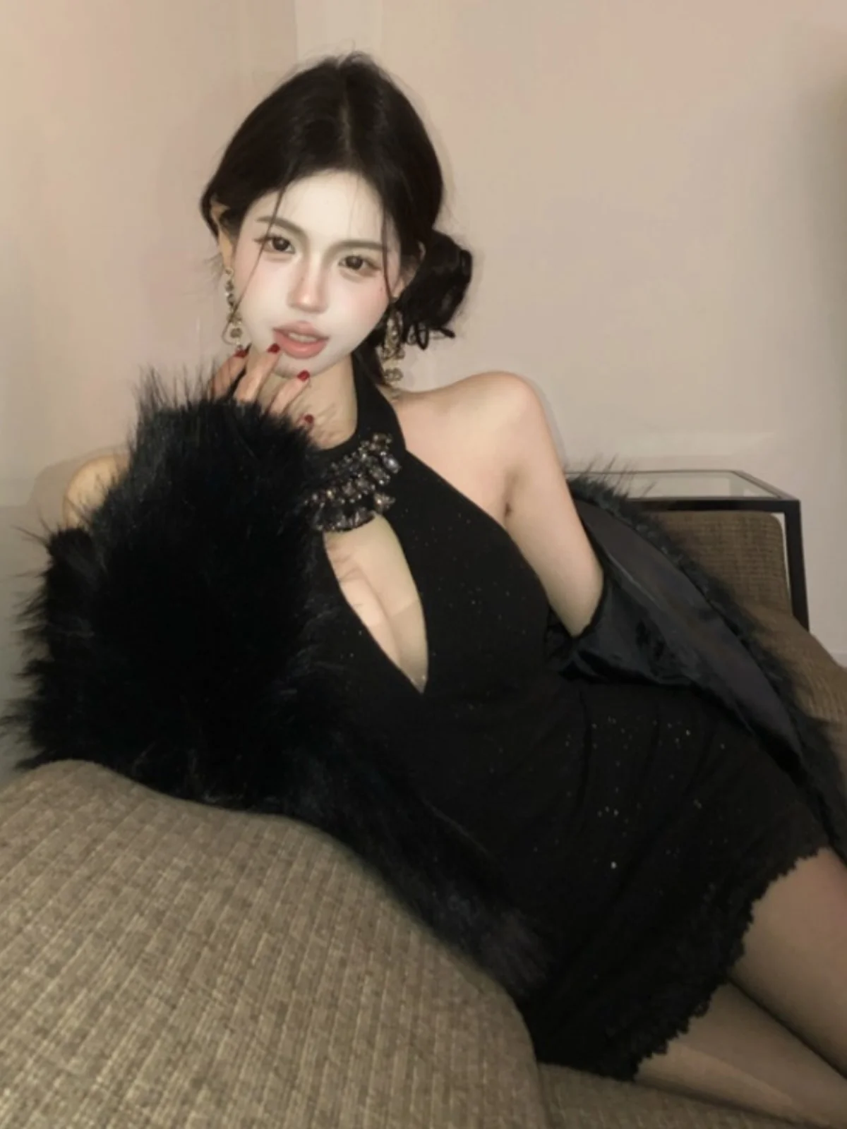  vestido preto sexy com design vazado e enfeites de diamante bodycon cintura alta mistura de aodão para mulheres jovens