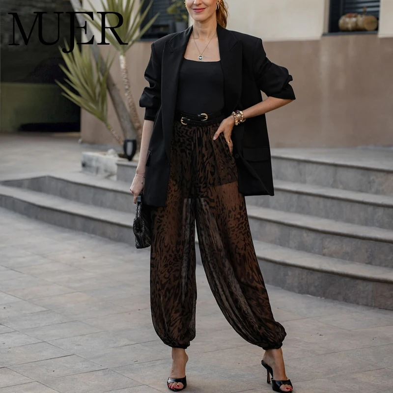 MUJER Baggy-Hose mit Tiermotiv, plissiert, mittlere Taille, Damenhose, Ballonhose mit weitem Bein, für Damen, halbtransparente Damenhose