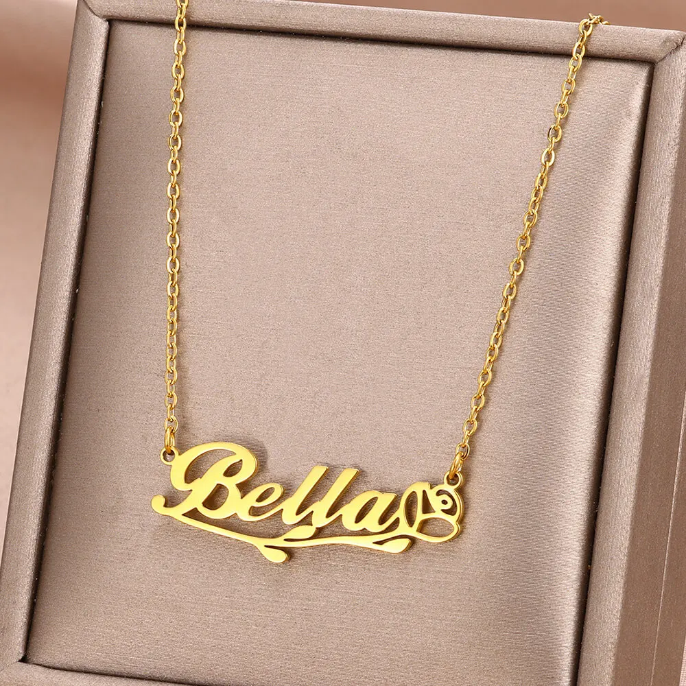 Custom Rose Flower Name Necklace Women Girl BFF Gifts Jewelry Personalized Gold Color Stainless Steel Nameplate Pendant Necklace