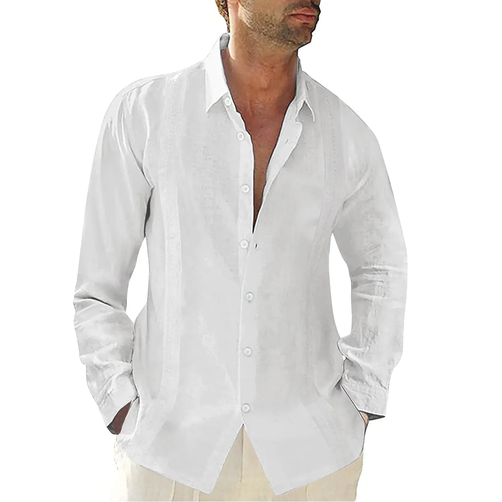 

Men's Solid Color Embroidered Shirt Long-Sleeved Button Lapel Shirt Casual Solid Color Lapel Basic Comfy Blouse Guayabera Shirt