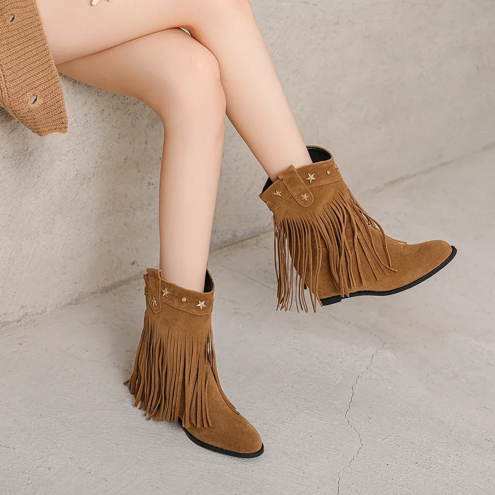 

2024 Lady High Increasing Heel Boots Round Toe Tassel Booties with Fur for Winter and Autumn Chunky Sole Women Flock Warm Shoes