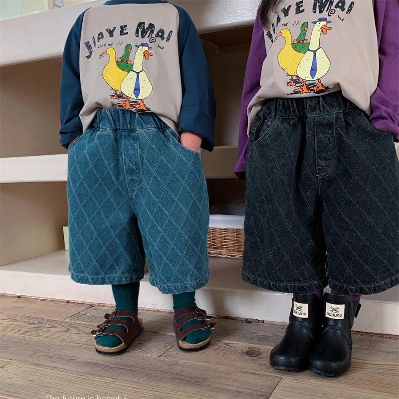 

Spring Autumn Baby Girls Boys Denim Capri Pants Kids Plaid Trousers Korean Fashion Children's Loose Wide Leg Jeans Kids Clothing