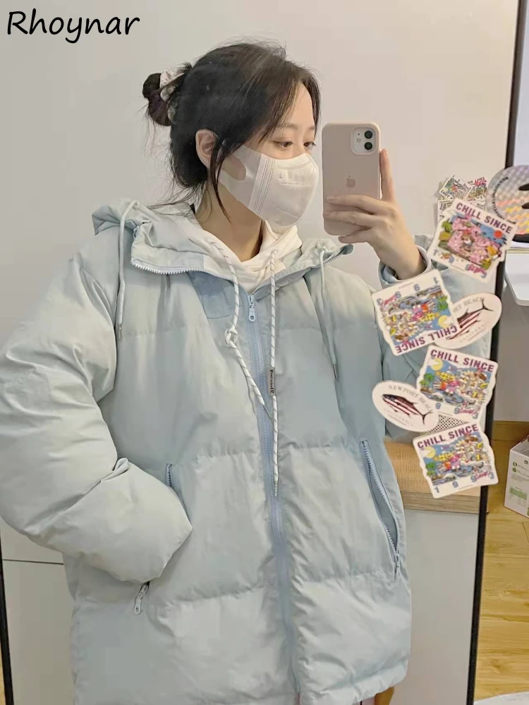 Parki z kapturem damskie luźne niebieskie słodkie w stylu preppy proste grube zimowe ciepłe hipsterskie jednolite z długim rękawem odzież moda koreańska popularne