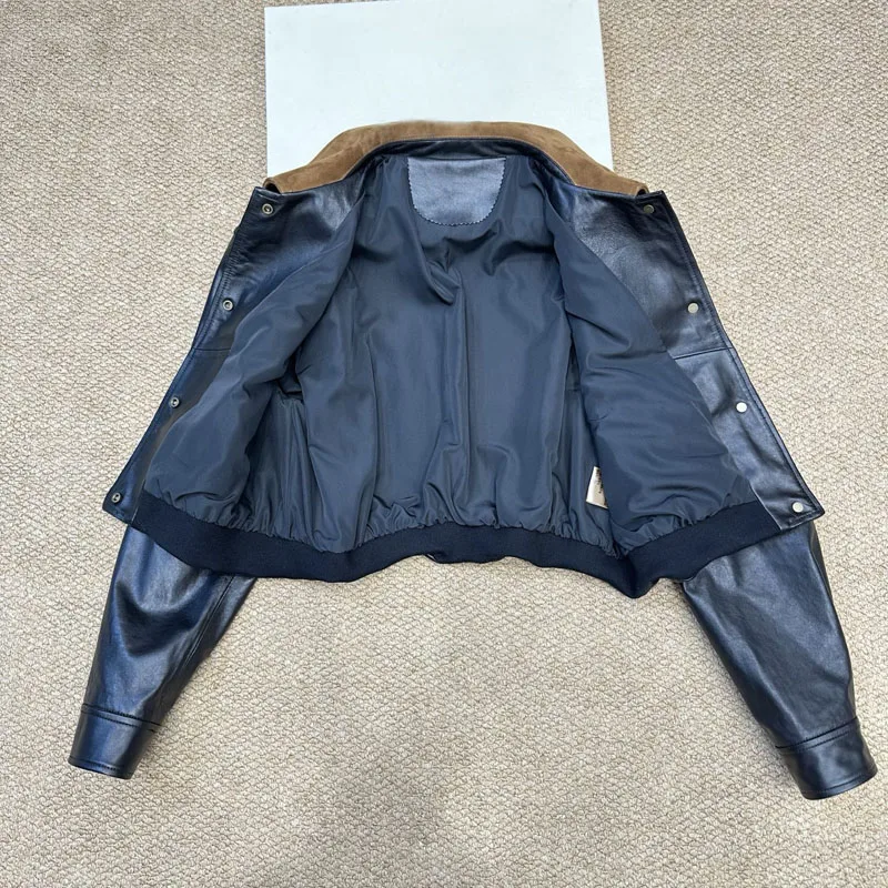 Giacca da donna in vera pelle con colletto rovesciato Cappotto primaverile con fibbia a fila singola in tessuto di velluto a coste