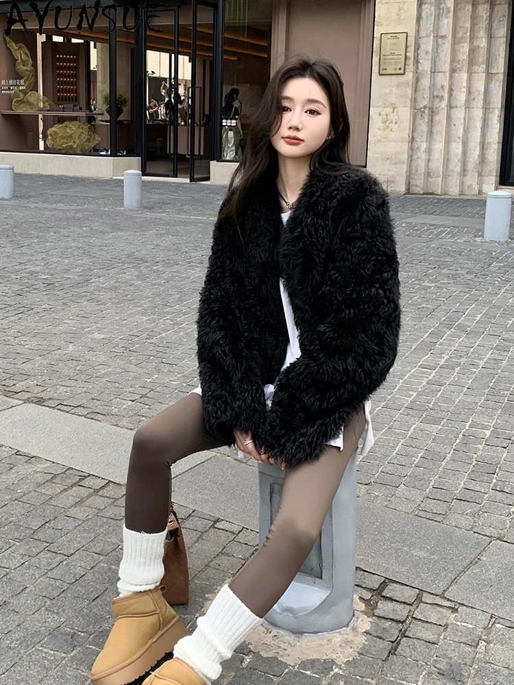 AYUNSUE 2025 Winter Shearling Jacket Woman Natural Wool Jackets for Women Clothes Short Luxury Fur Jacket Woman Кофта С Мехом
