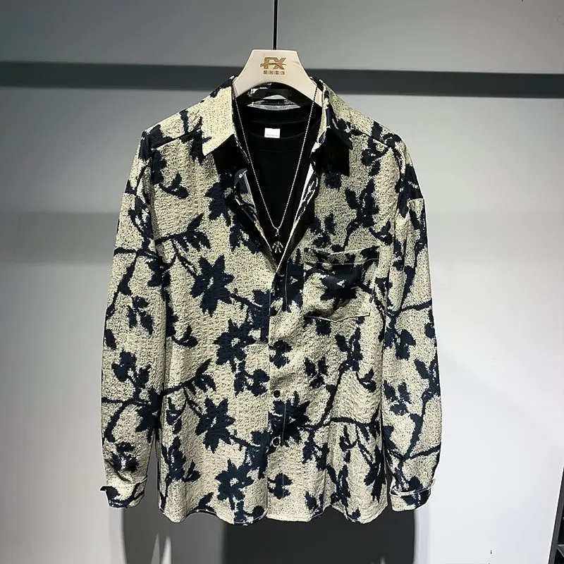 2023 New Spring and Summer Fashion Fried Street Rascal Handsome Loose Relaxed Port Fashion Brand Men's Long Sleeve Flower Shirt