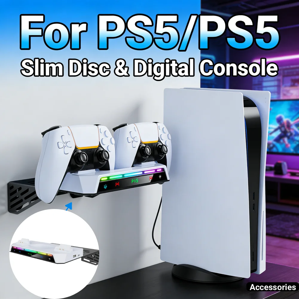 

Metal Wall Hanging Charger Stand with Dual Controller Charging Station W/ Headset Holder for PS5 Slim/PS5 Console Disc & Digital