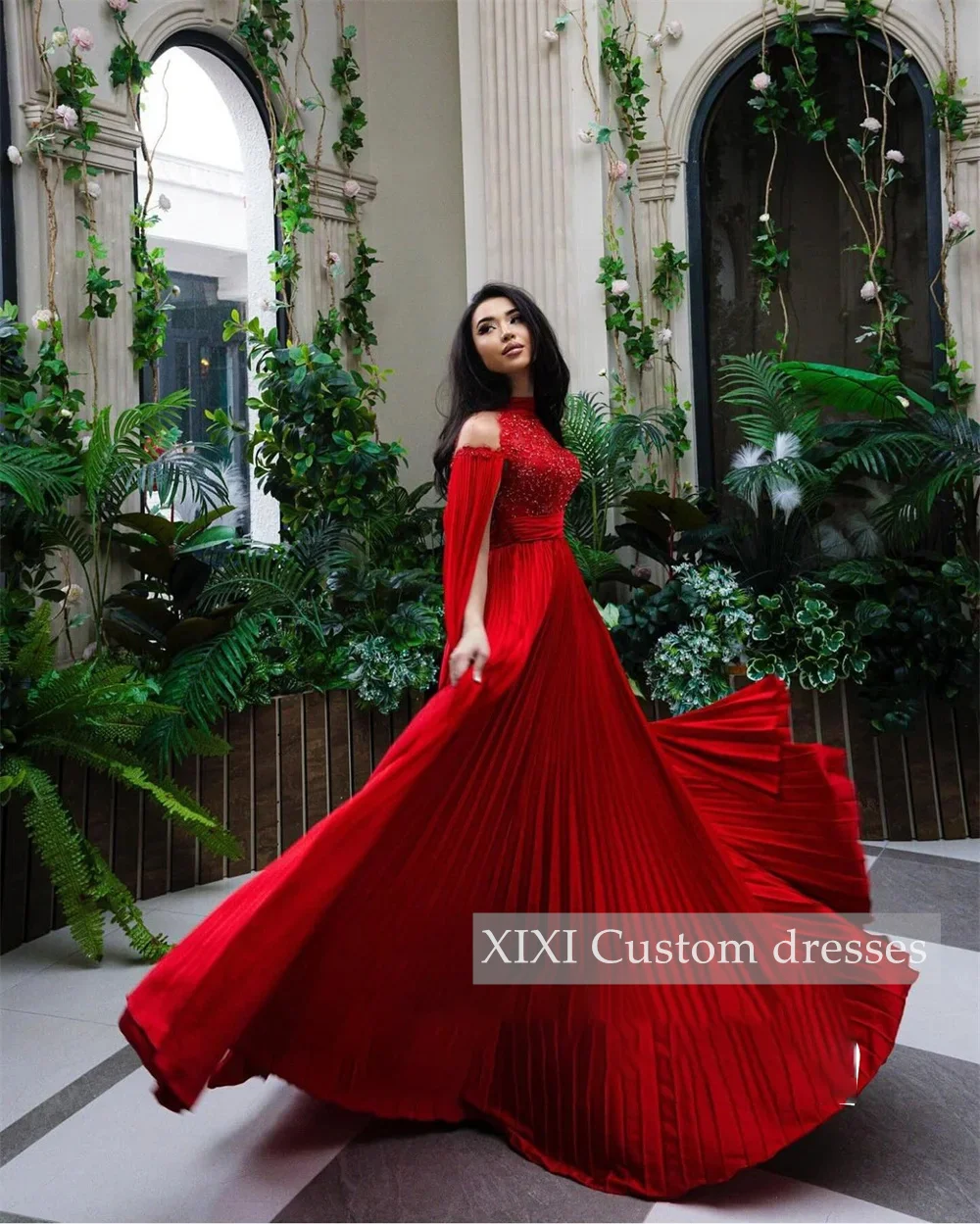 XIXI  فساتين سهرة Red A-Line Halter Ruffle Floor-Length Beadings Zipper Up Long Sleeves Dubai Evening Dress 2024 Elegant Dresses