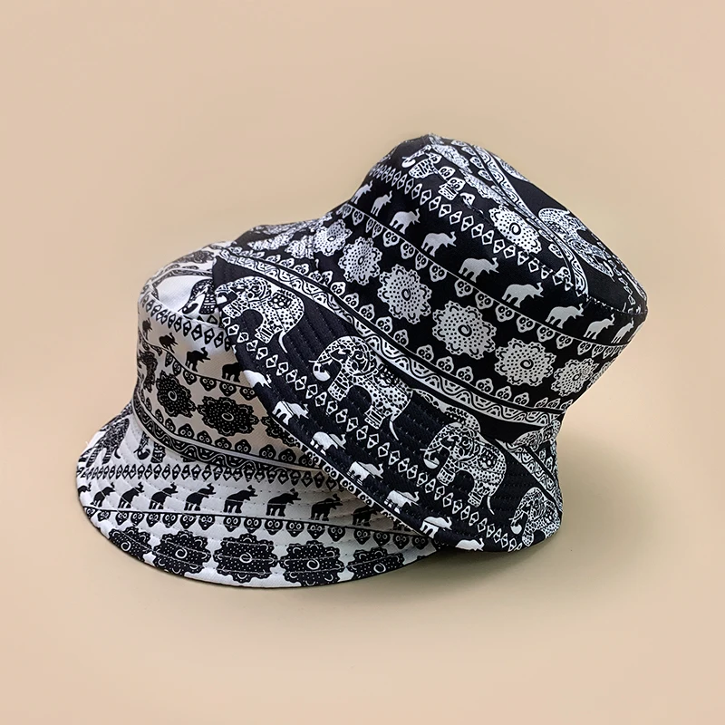 Ethnic Style Print Elephant Flower Bucket Hats New Unisex Casual Sunshade Versatile Double Sided Wearable Retro Fisherman Caps