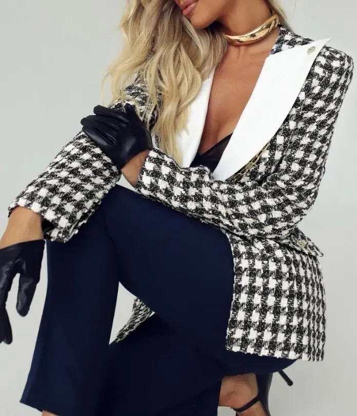 Checkered Print Lapel Single Button Detail Jacket for Autumn and Winter Women's Casual Color Blocked Tweed Commuting Jacket