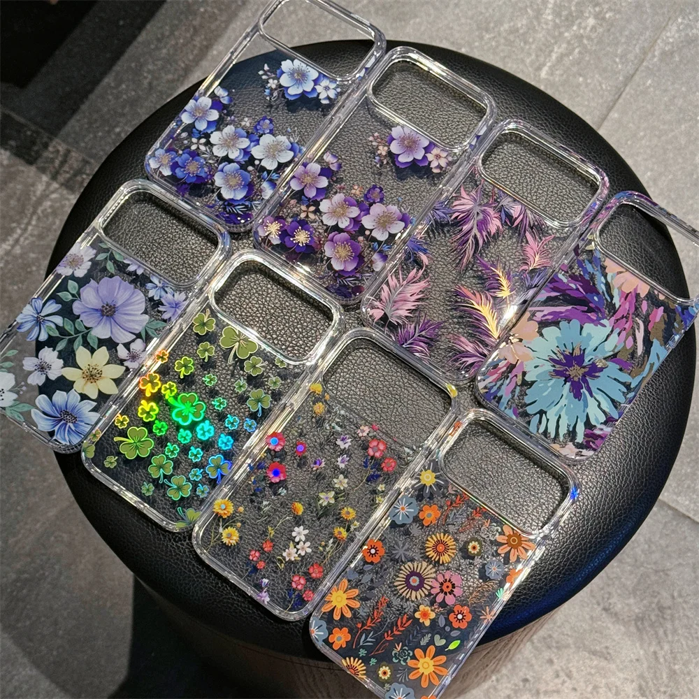 Laser Flowers Transparent Case for iPhone 17 Pro Max/16/15/14/13/12/11 Airbag Shockproof Hard PC Protection Funda iPhone 17 Air
