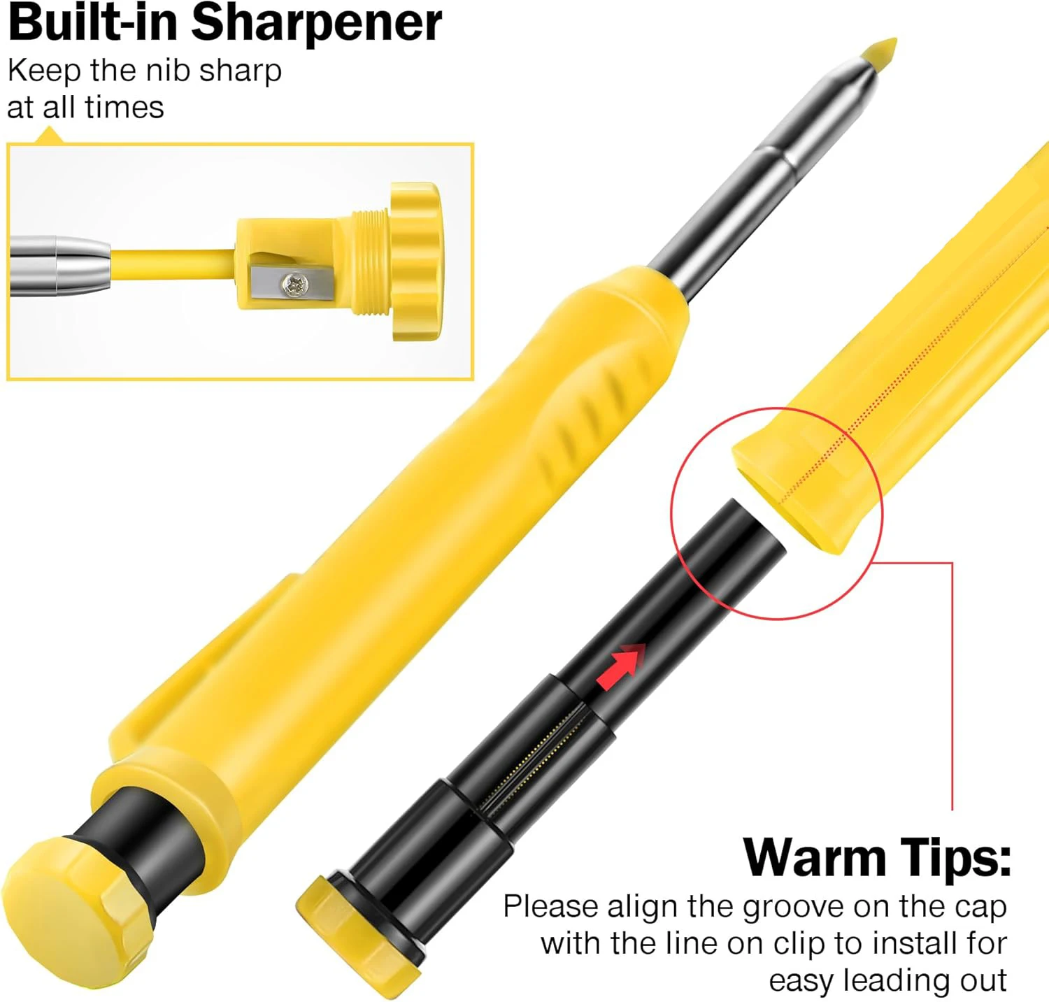 Deep hole marker Pencil Set with 12 Refills and Protective Cap Long Nosed Deep Hole Construction Pencil Built in Sharpener