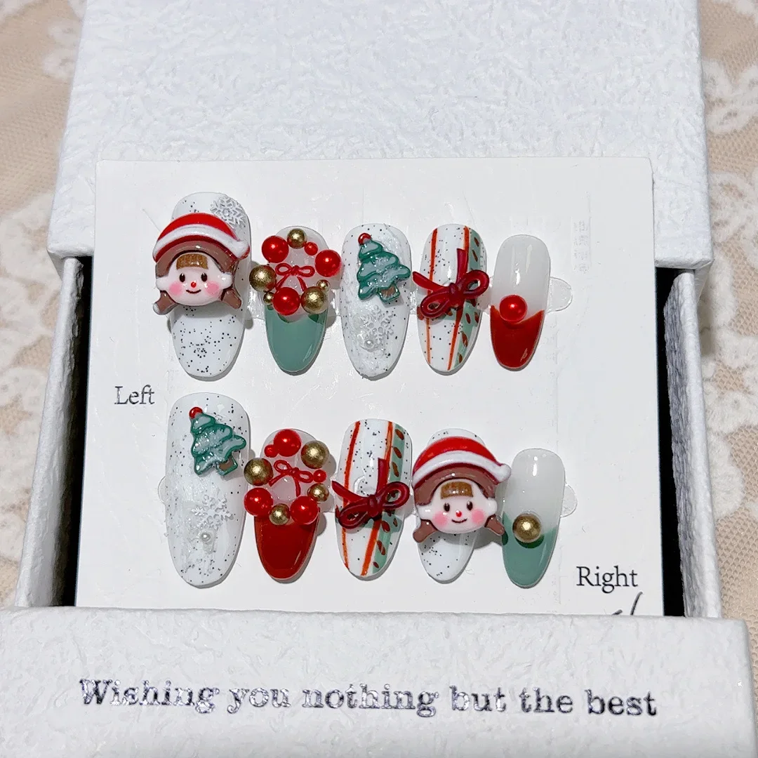 Handmade Wearable Nails Removable Reusable Red Green French Cute Girls Christmas Tree Wreath Bell Bow Fake Nails