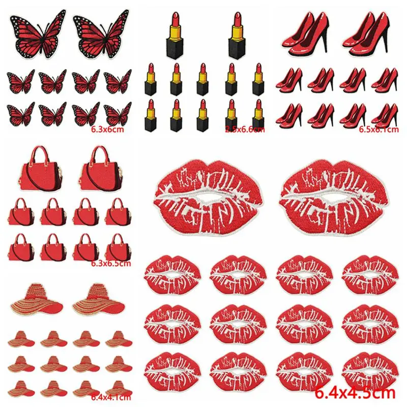 10PCS Wholesale Red Lips Shoes Hat Embroidery Patches For Clothing DIY Cartoon Patch Iron On Patches On Clothes Applique Sticker