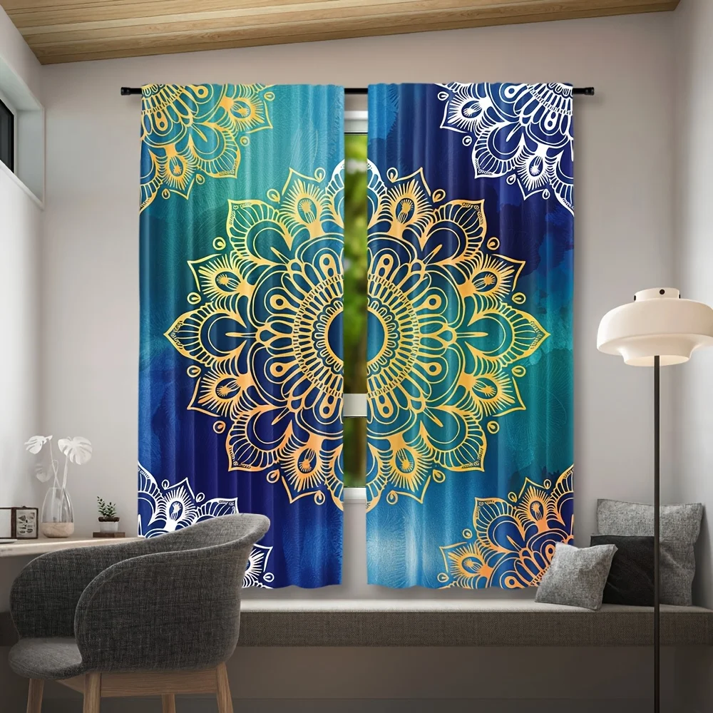 2pcs Vibrant Mandala Gypsy Print Curtains - Boho Chic Blue & Yellow Floral Design, Semi-Transparent Polyester Drapes for Bedroom