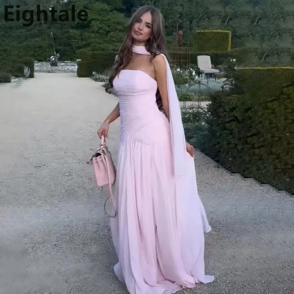

Eightale 2025 Pink A Line Chiffon Maxi Evening Dress With Wrap Saudi Arabic Pleated Prom Dress Dubai Party Gown Customized