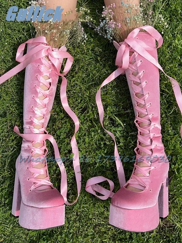 

Ribbon Suede Boots For Women Round Toe Pink Chunky Heel Solid Color Over-The-Knee Cross Strap Sweet Style Y2k Shoes Plus Size