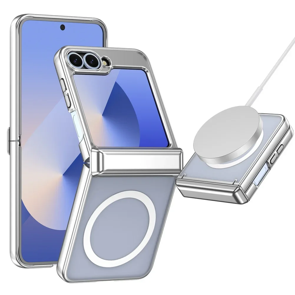 For Samsung Z Flip 7 6 5 Magsafe Case Luxury Electroplated Transparent Folding Hinge Magnetic Wireless Charging Shockproof Cover
