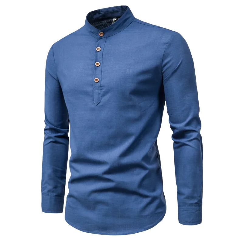 

2025New Men's Long Sleeve Slim Fit Casual Shirt Business Stand Collar Half Open Shirt