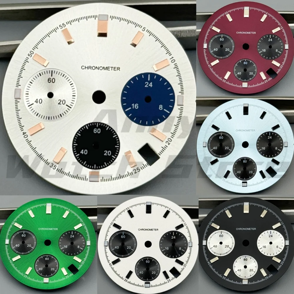 جديد 29.6 مللي متر أزرق ثلجي/بورجوندي أحمر/أسود/أبيض/كورال أخضر كرونوغراف VK63 الطلب مع VK63 6 دبوس الأيدي C3 Lume Fit VK63