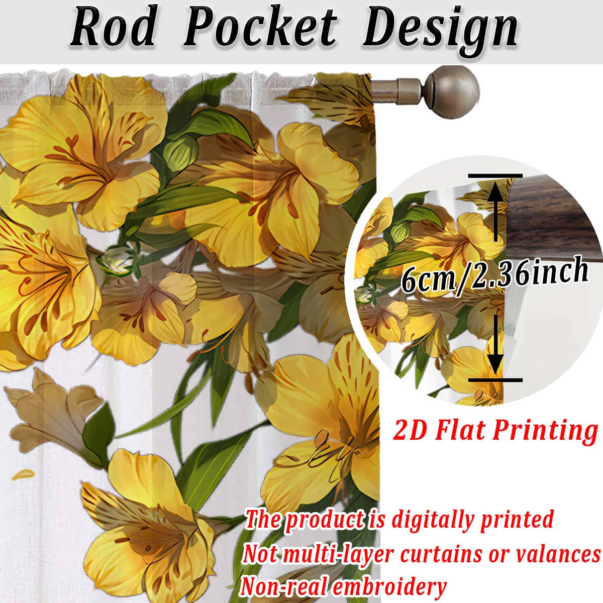 ستارة شفافة بطباعة مسطحة على شكل زهور صفراء، قماش خفيف، لغرفة المعيشة وغرفة النوم وديكور المنزل والنافذة