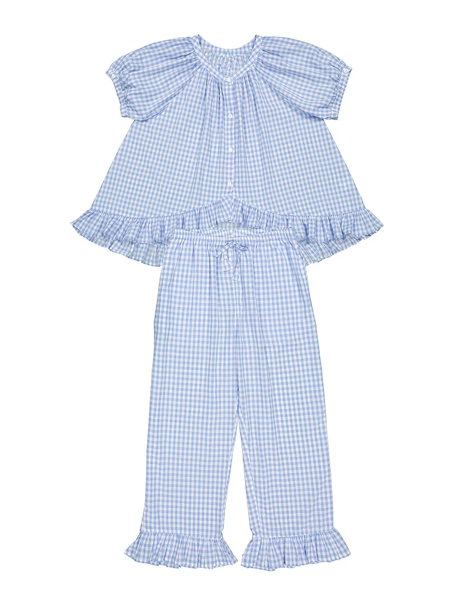 Women’s 2 Piece Pajama Set Short Sleeve Plaid Print Button Up Shirt Blouse + Elastic Waist Ruffle Pants Set Sleepwear Loungewear