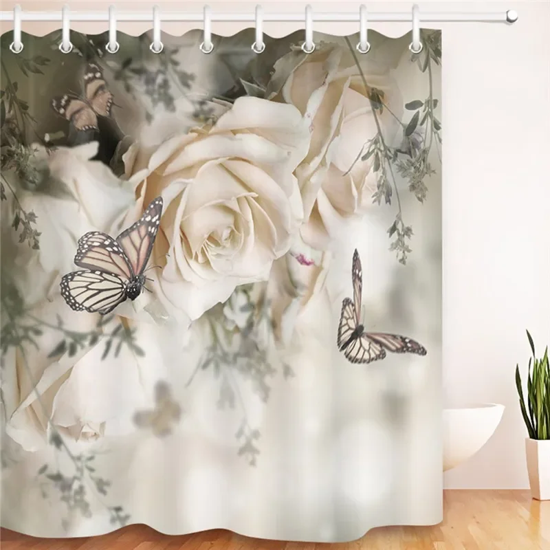 Rose Butterfly White Flower Shower Curtain Floral Print Waterproof Polyester Bathroom Curtain Fabric For Bathtub Decoration