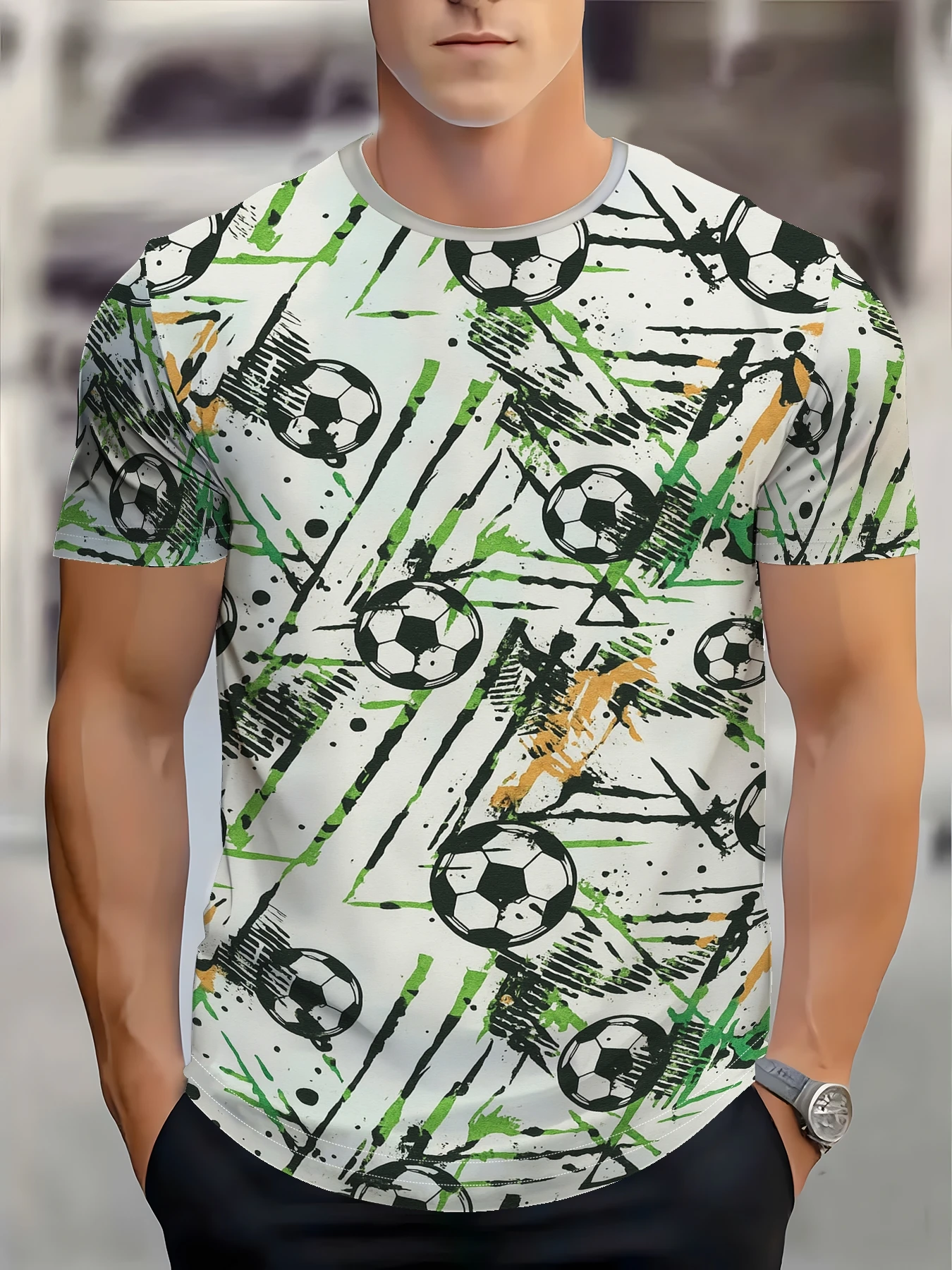 New men's short-sleeve T-shirt, loose-fitting and tailored with printed designs, versatile basic crew-neck top suitable for spri