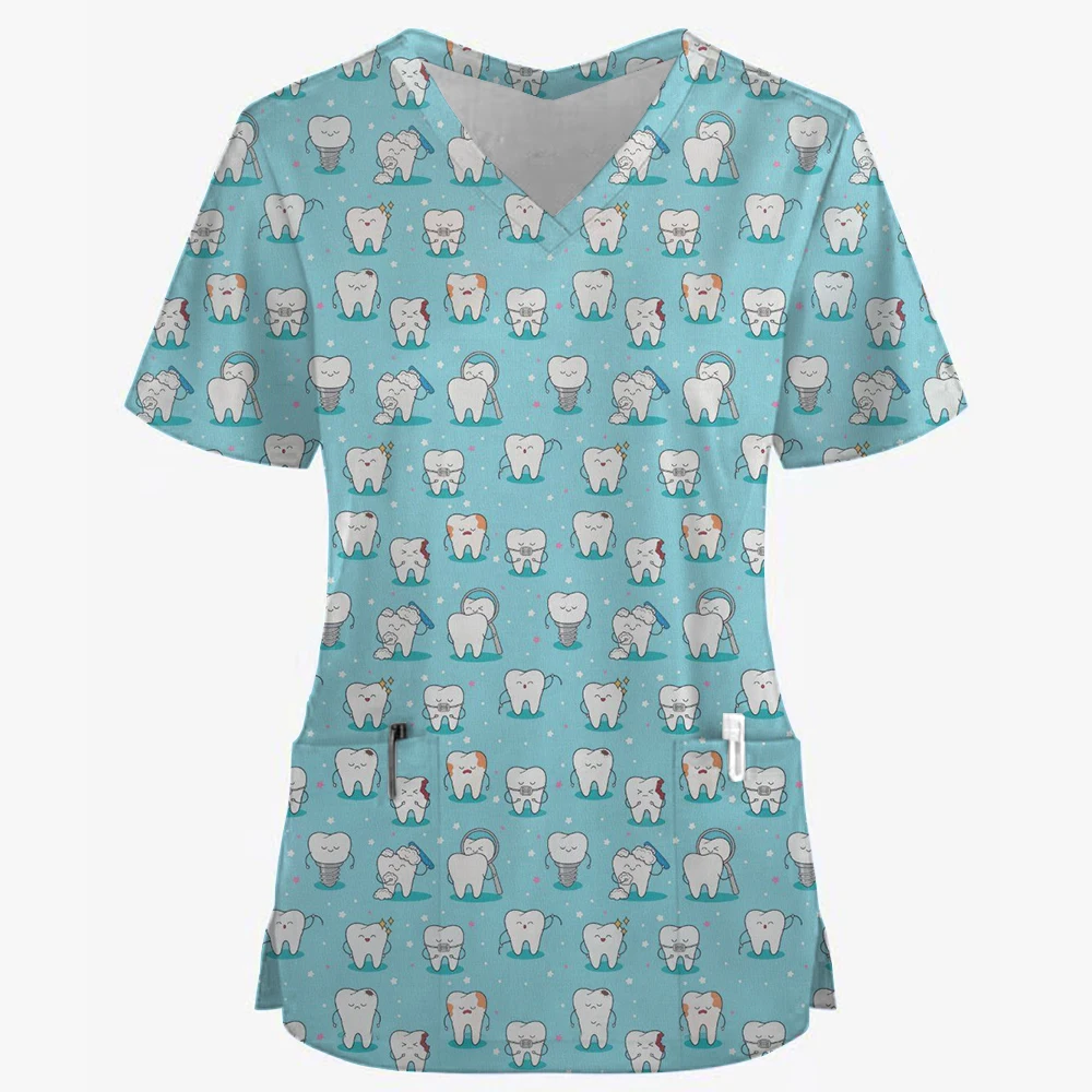 Damski mundurek pielęgniarski prosty nadruk gwiazdy 3D topy z kieszeniami w kształcie litery V mundurek medyczny fartuch chirurgiczny do karmienia topy odzież robocza